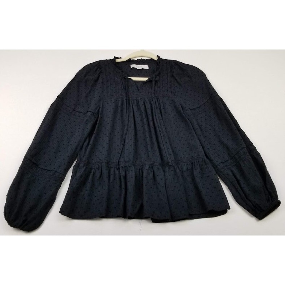 LOFT Blouse Women's Extra Small XS Black Long Sleeve Split Tie Neck Dots Sheer